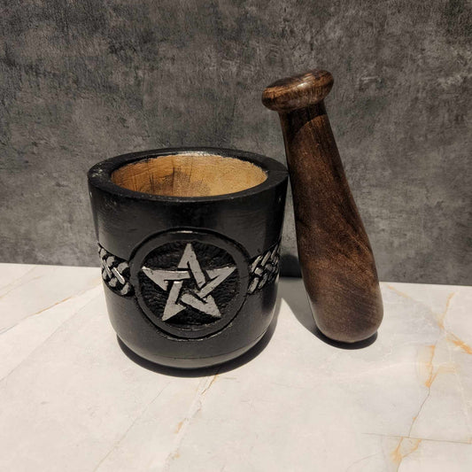 Wooden Mortar & Pestle with Pentagram (Silver)