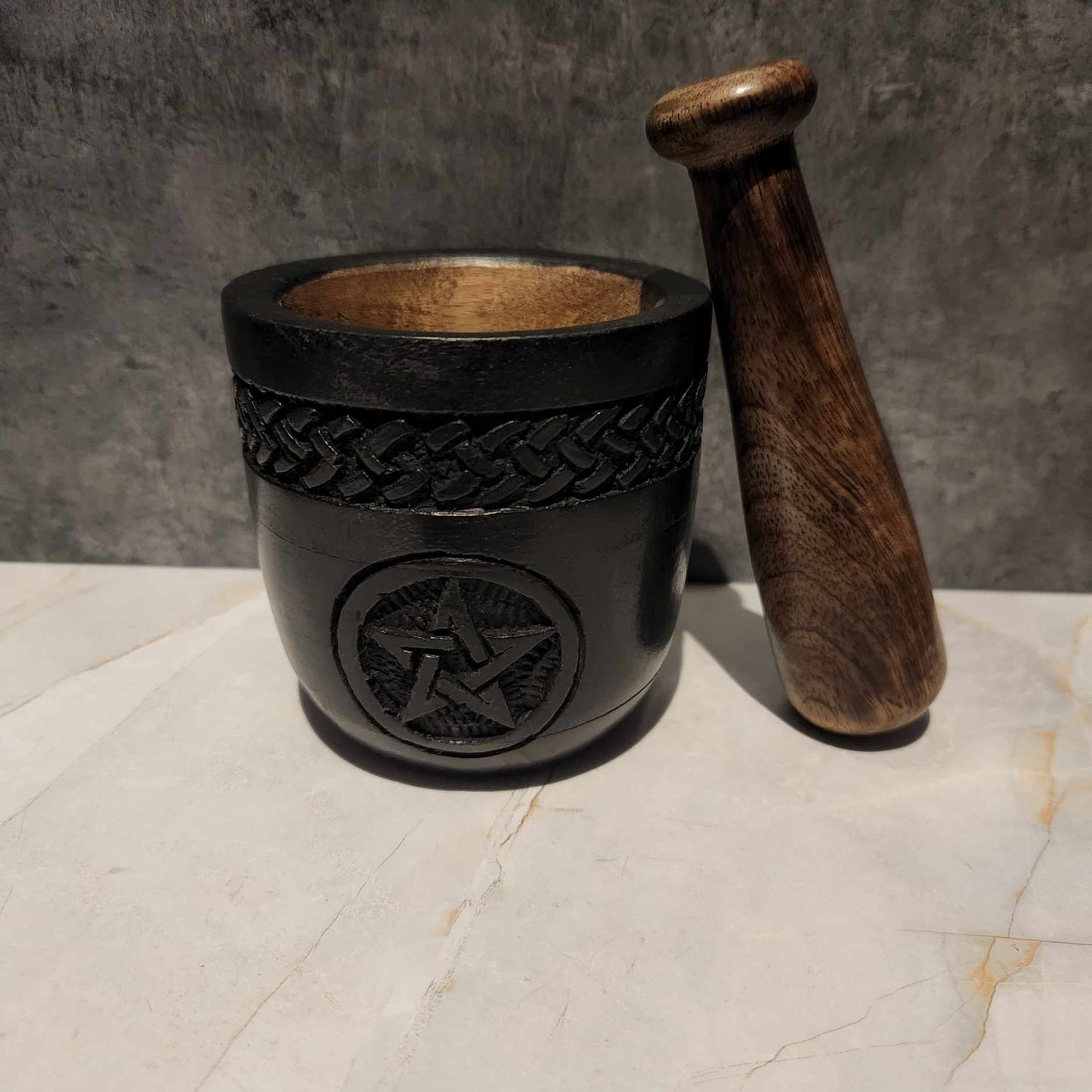 Wooden Mortar & Pestle with Pentagram