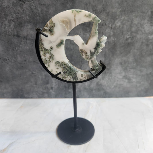 Moss Agate Bird on Stand